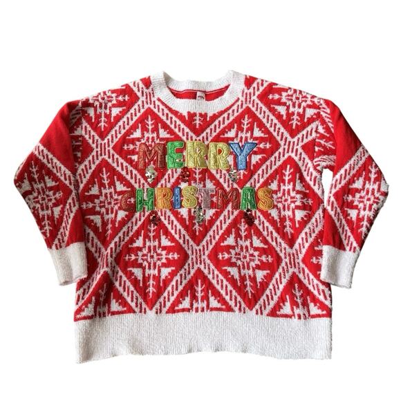Merry Christmas Fairisle Ugly Holiday Sweater Sequins Warm Red Womens 2X 20-22 - Picture 5 of 7